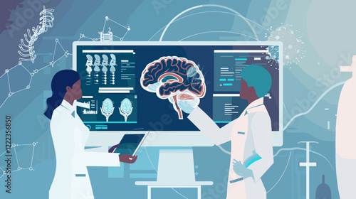 Doctor and surgeon analyzing brain scan results and DNA data on a futuristic digital interface in a high-tech medical lab