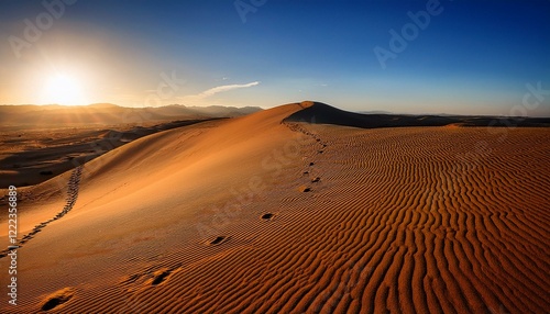 Footprints Lead Across Golden Sand Dunes During a Stunning Sunset in the Arid Desert Landscape. Generated image