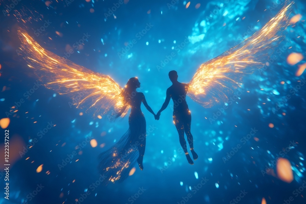 Naklejka premium Couple with radiant wings, holding hands and soaring through a magical blue sky, embodying love, freedom, and ethereal connection