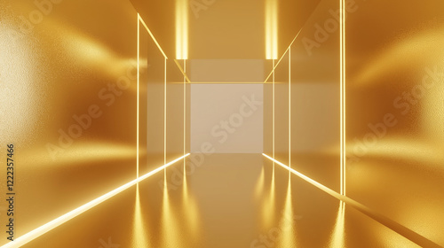 Ein futuristischer Korridor in leuchtendem Gold, dessen symmetrische Architektur durch dramatische Lichteffekte betont wird. Die perspektivische Darstellung erzeugt Tiefe und eine luxuriöse Atmosphäre photo