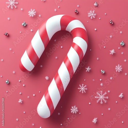 Christmas Candy Cane on a Festive Pink Background with Snowflakes
