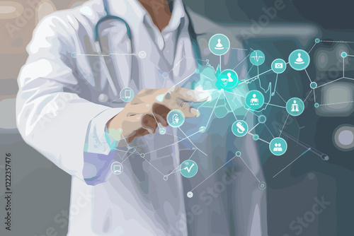 Doctor Using Stethoscope and Touching Medical Network Icons on Virtual Screen