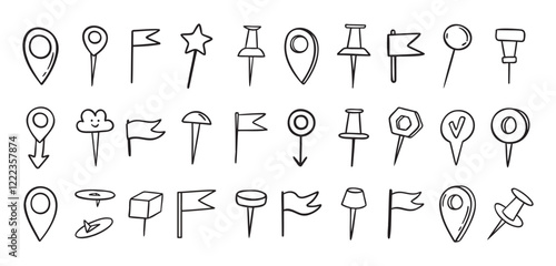 Pins hand drawn doodle set. Pin line drawing style for planner or map. Pins variable icons