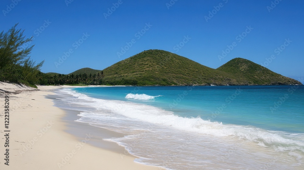Serene Caribbean Beach Paradise: Turquoise Waters, White Sands, and Lush Green Hills Serene Caribbean Beach Paradise: Turquoise Waters, White Sands, and Lush Green Hills