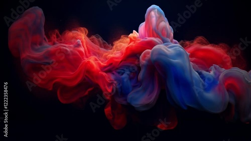 Abstract digital rendering of blue and red swirling smoke like liquid ink on dark background