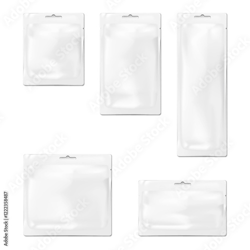 Blank white sachet packet with tear notches and euro hole. 3d mockup set. Plastic pouch bag. Realistic vector mock-up. Food, medical or cosmetic product hanging individual package. Template kit