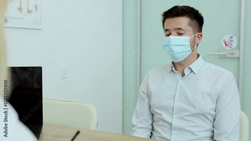 Man at a doctor's appointment in a medical clinic. Medical examination, consultation, a confidential conversation between the doctor and the patient. Health care, medical and doctor staff service Man at a doctor's appointment in a medical clinic. Medical examination, consultation, a confidential conversation between the doctor and the patient. Health care, medical and doctor staff service