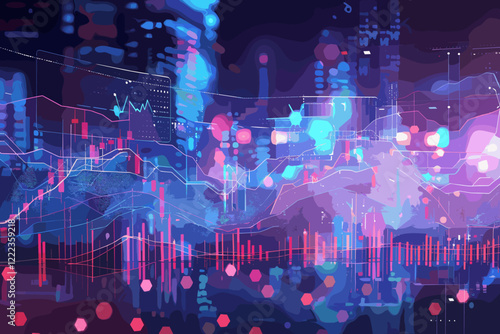 Double Exposure of Financial Charts and Stacks of Coins Against Illuminated City Skyline at Night