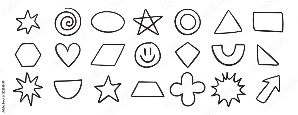 Basic geometric shapes doodle hand drawn icon set. Outline drawing for learning games math flat figure line clipart symbol Basic geometric shapes doodle hand drawn icon set. Outline drawing for learning games math flat figure line clipart symbol