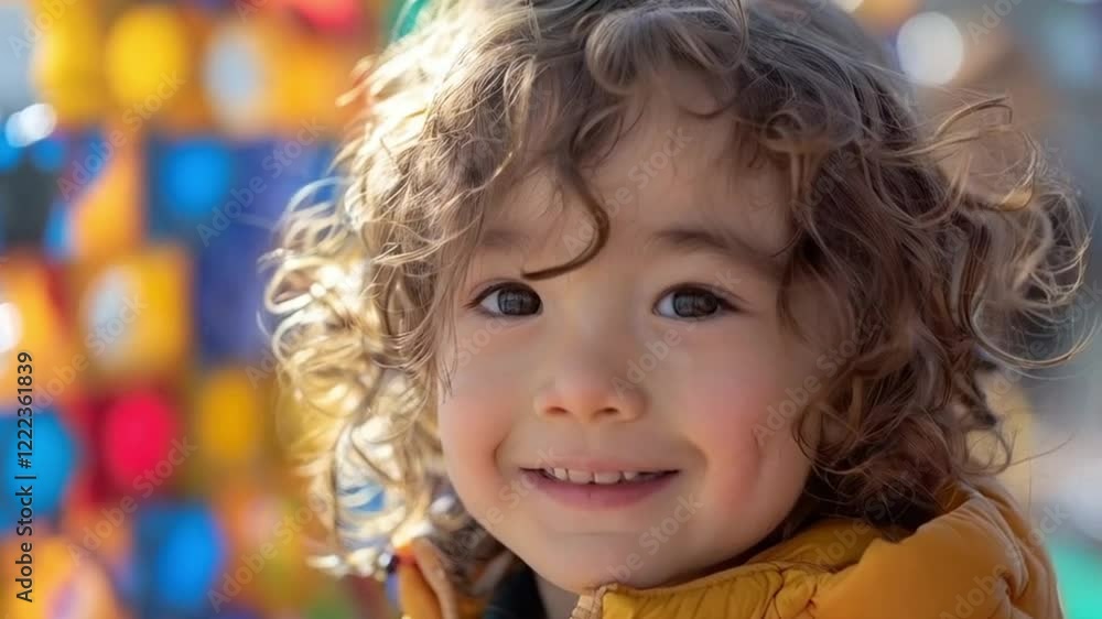 Curly-Haired Child in Yellow Jacket Smiling Cutely Against a Colorful Bokeh Background on Sunlit Street. Curly-Haired Child in Yellow Jacket Smiling Cutely Against a Colorful Bokeh Background on Sunlit Street.