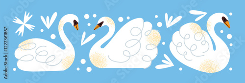 White swans set. Elegant white birds collection. Different poses. Cartoon style, flat design. Minimalist vector illustration with birds and ornamental elements isolated on background