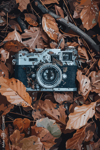 Dusty vintage film camera resting on dry leaves and wooden surface in nature