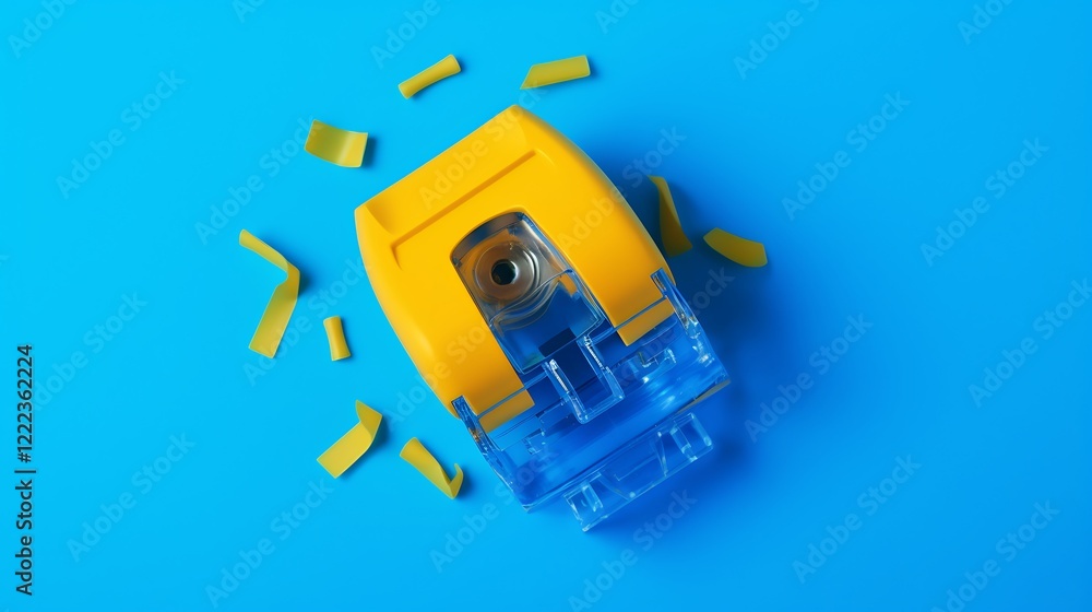 Naklejka premium Yellow pencil sharpener on a blue background with yellow confetti.