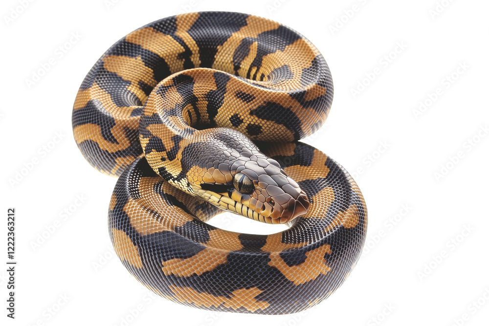 Obraz premium Coiled yellow and black patterned snake, isolated on white transparent background, reptiles or wildlife, symbolizing Chinese Lunar New year