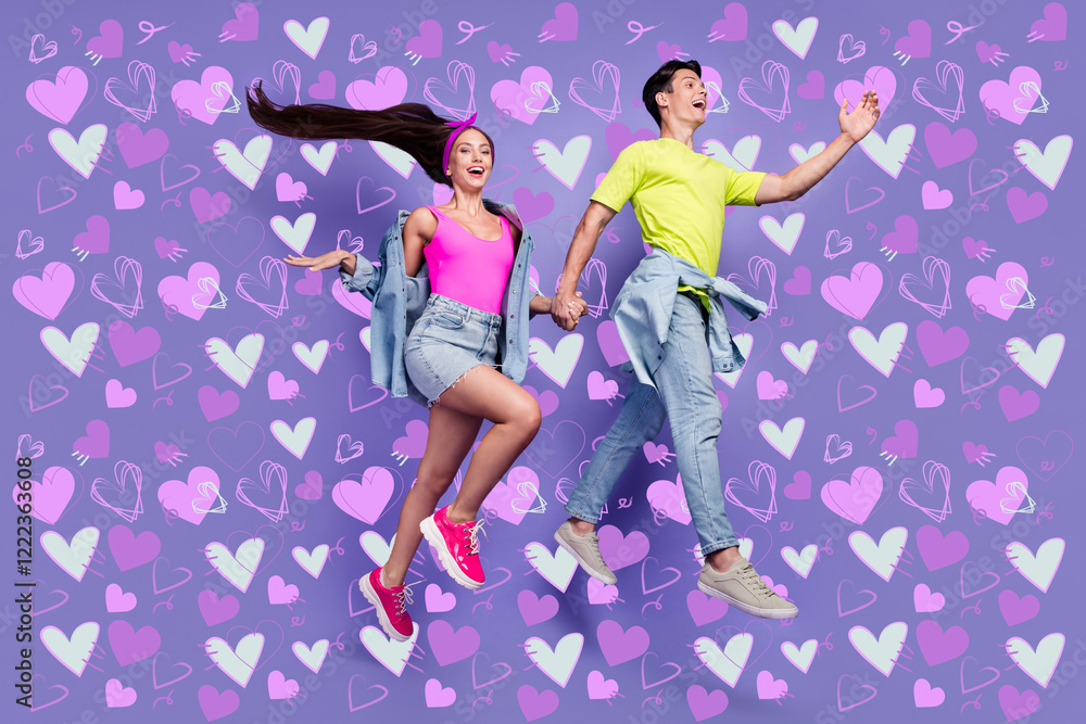 Φωτογραφία Profile photo of cheerful glad friends couple jump run wear denim pin-up outfit