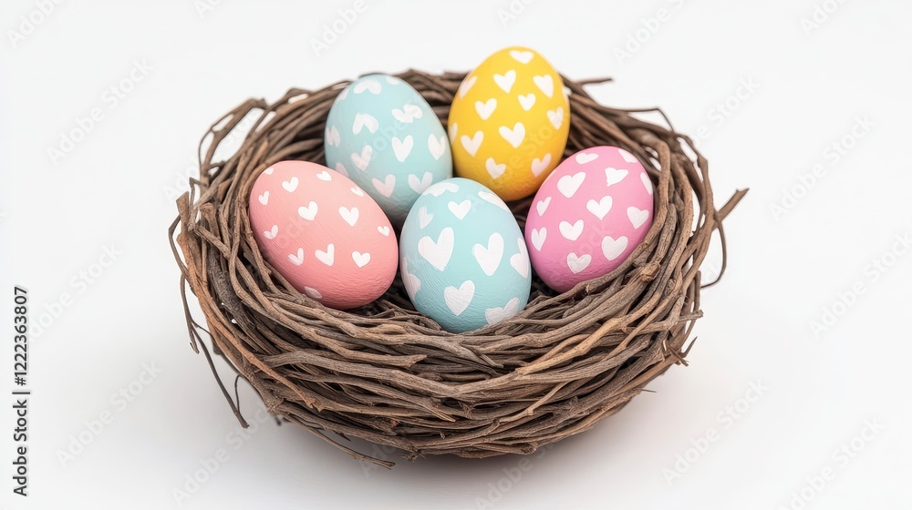 Colorful Easter Eggs with Heart Patterns in a Nest Colorful Easter Eggs with Heart Patterns in a Nest
