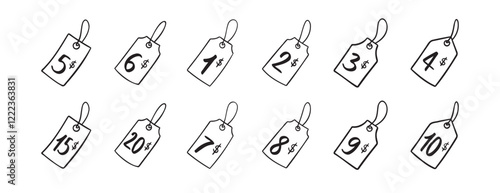 Dollar price tag numbers doodle hand drawn icon set. Outline drawing dollars price tag line clipart symbol. Isolated price tag