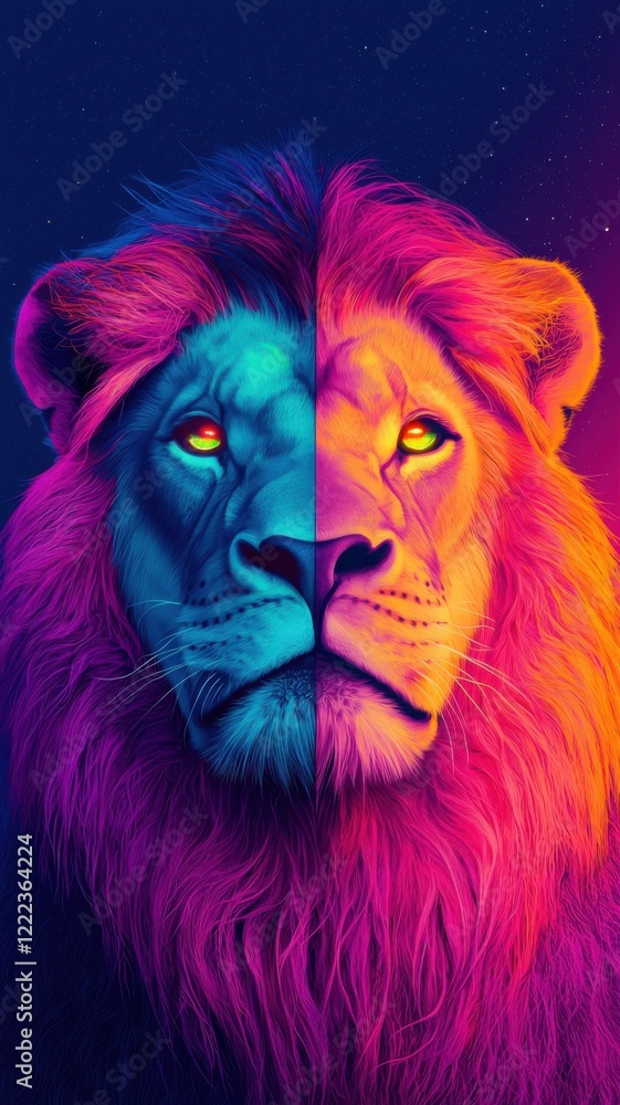 Vibrant duality of a lion portrait digital art colorful environment creative viewpoint symbolizing strength Vibrant duality of a lion portrait digital art colorful environment creative viewpoint symbolizing strength