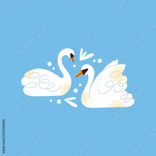 White swans set. Elegant white birds collection. Different poses. Cartoon style, flat design. Minimalist vector illustration with birds and ornamental elements isolated on background