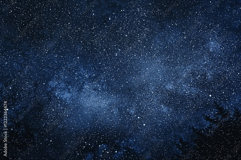 Starry night sky filled with twinkling stars over a dark forest silhouette, creating a serene atmosphere Starry night sky filled with twinkling stars over a dark forest silhouette, creating a serene atmosphere