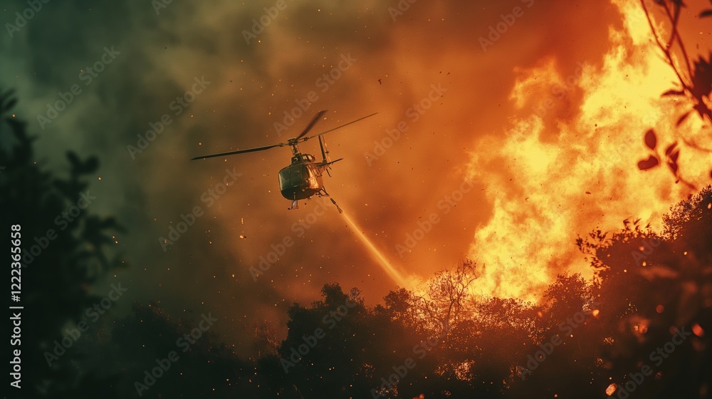 Fototapeta premium Helicopter Battling a Fierce Wildfire in a Dense Forest