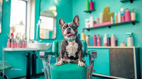 un bouledogue assis sur une chaise de coiffeur, chez le toiletteur pour chien, comme un salon de beauté photo