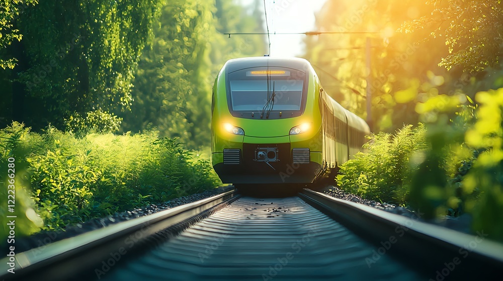 Fototapeta premium Bright Green Train Approaching Through Lush Green Forest Landscape