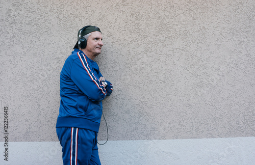 Sportive senior man in tracksuit leaning against house wall photo