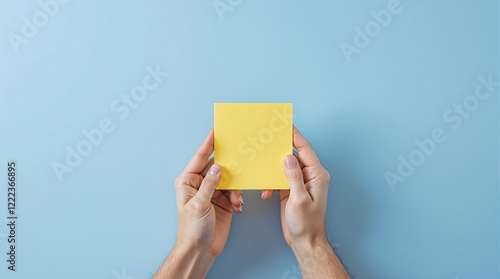 Hands Holding a Blank Yellow Note on a Blue Background. generator AI