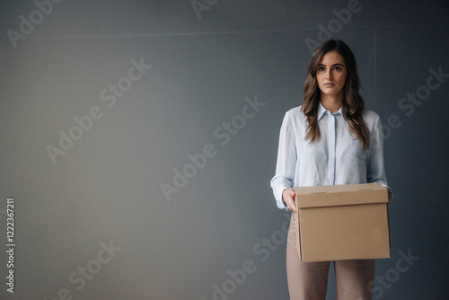 Serious young businesswoman holding cardboard box