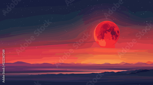 Enchanting Crimson Moon Illuminating a Mesmerizing Colorful Sky