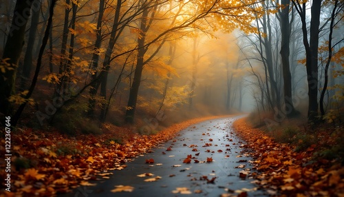 Autumn Road Golden Leaves Misty Forest Path Scenic View photo