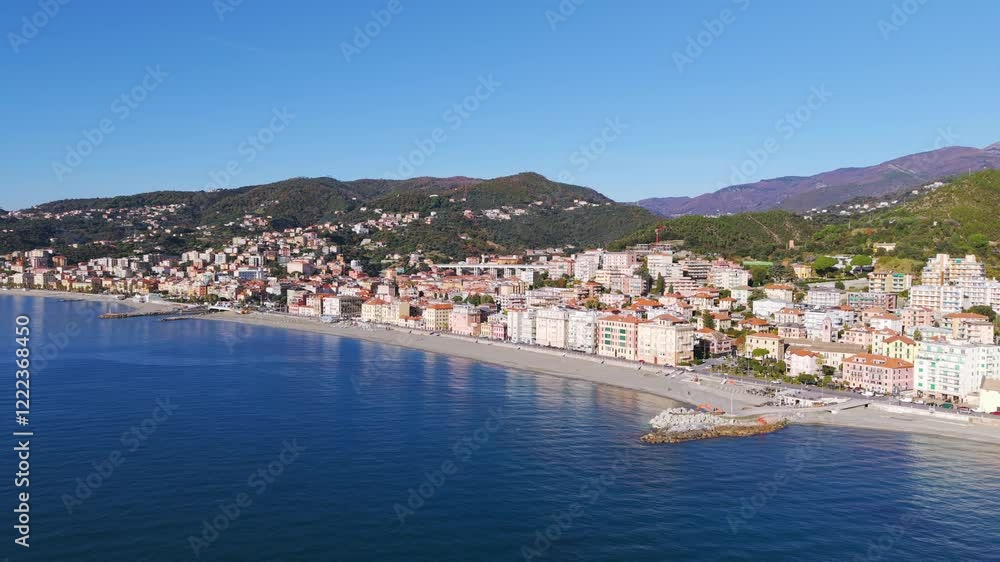 Beach And Coastal Town Of Varazze In Savona, Liguria, Italy. - aerial shot Beach And Coastal Town Of Varazze In Savona, Liguria, Italy. - aerial shot