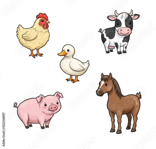 A playful cartoon-style collection of farm animals.