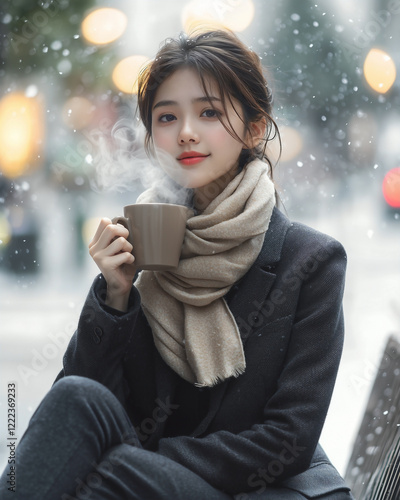 A young Asian female sits on a cold bench on a winter city street with a light snowfall. She holds a steaming cup of coffee close to her face photo