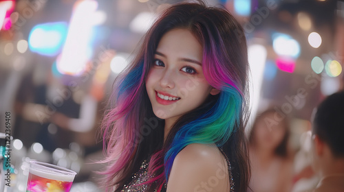 Close up on a happy Asian female adorn with blurred night street light, her hair is playful style on hair color, lgbtq+ and diversity concept  photo