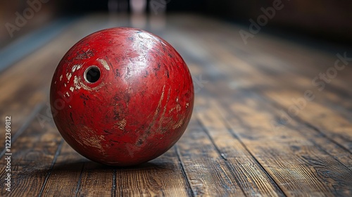 Vintage Red Bowling Ball on Worn Wooden Lane photo