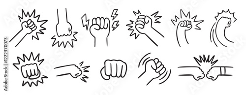  fist and fight related doodle hand drawn icon set. Outline drawing fist and fight related line clipart symbol collection