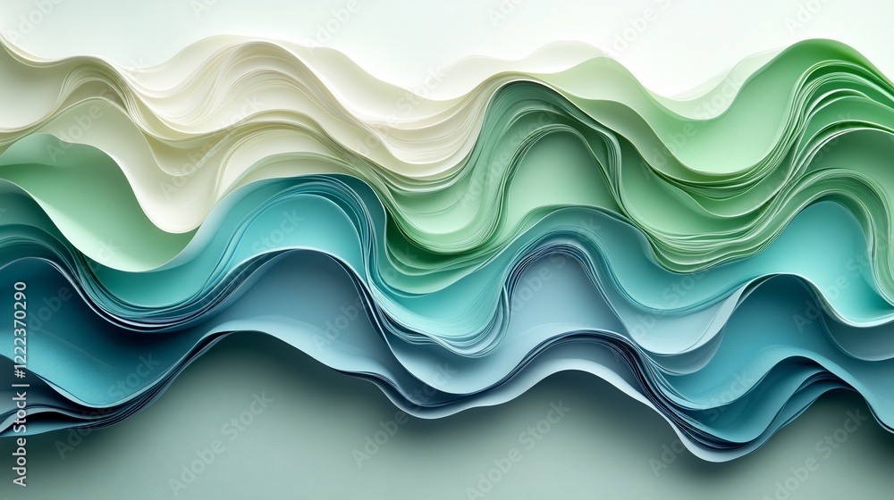 Fototapeta premium Abstract Paper Wave Composition: Serene Hues of Teal, Mint, and Cream