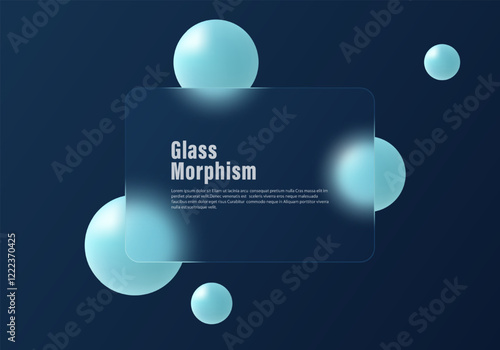 Glass morphism website landing page template. Gradient background in dark blue color with glass partition and levitating spheres.