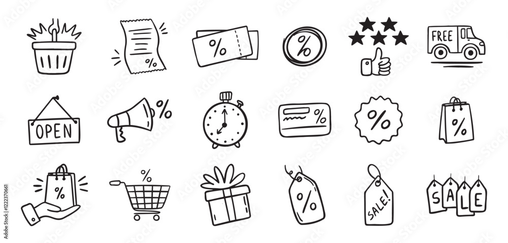 Fototapeta premium Loyalty card hand drawn doodle element icons. Symbol for Loyalty card, incentive program outline illustration icon