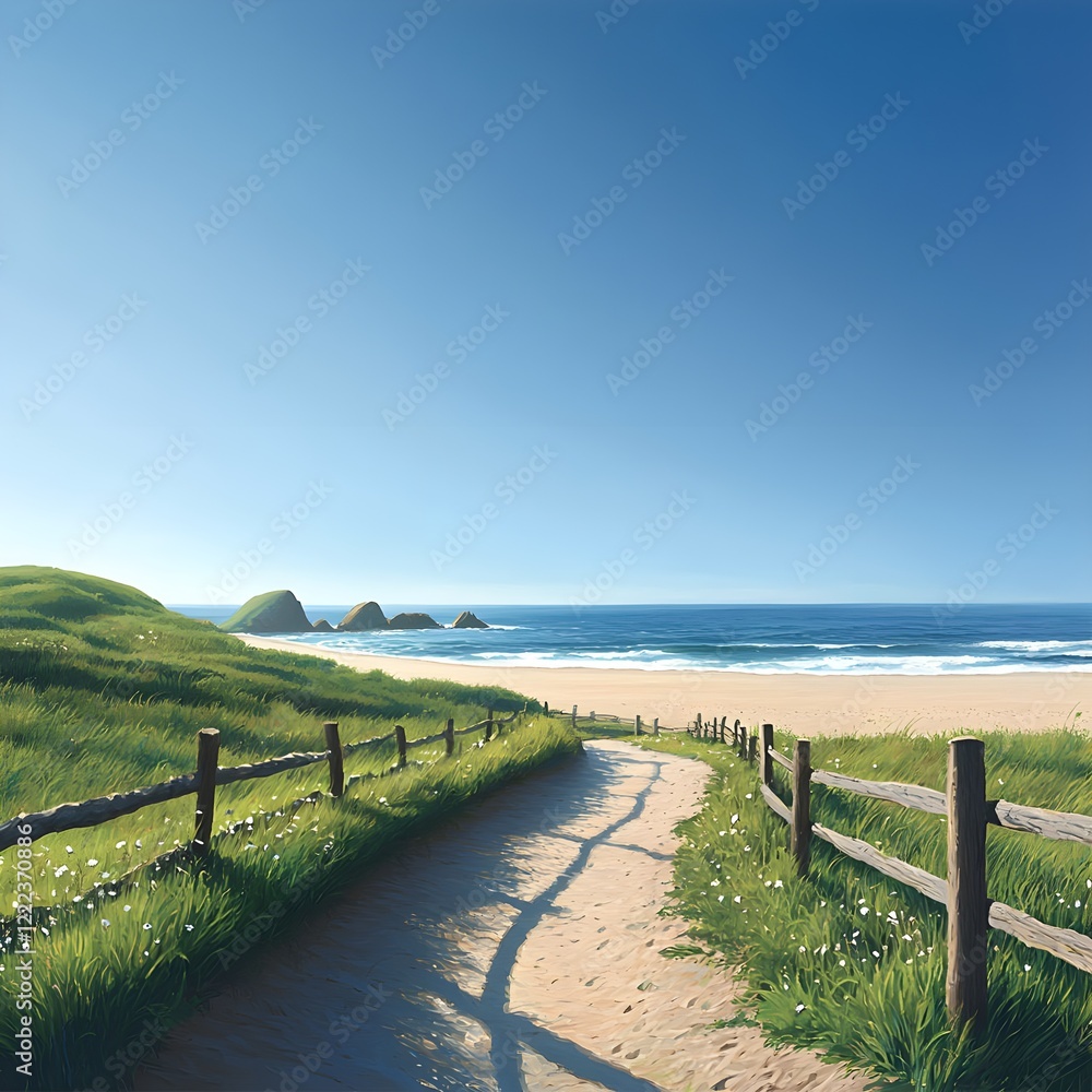 Scenic Coastal Pathway Leading to Serene Beach and Ocean View Scenic Coastal Pathway Leading to Serene Beach and Ocean View