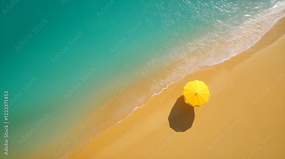 Naklejka premium Vibrant Yellow Umbrella on Serene Beach with Turquoise Water