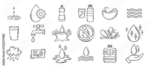 Water doodle hand drawn icons set. Water drawing sketch signs 