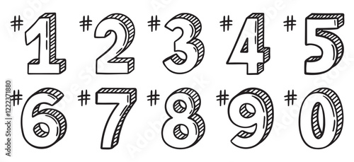 place numbers doodle hand drawn icon set. Outline drawing number 1, 2, 3, 4, 5, 6, 7, 8, 9 line clipart symbol