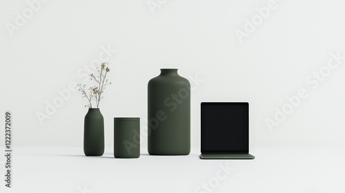 Wallpaper Mural Minimalist decor featuring green vases, container, and laptop on light background. arrangement showcases modern design and simplicity, perfect for contemporary interiors Torontodigital.ca