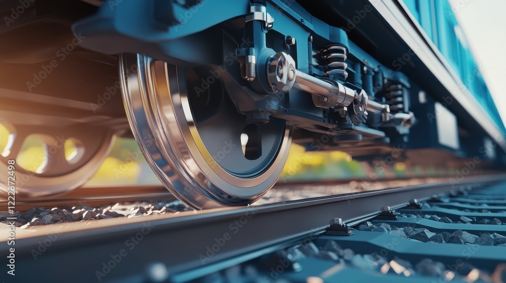 Obraz premium Close-up view of a train wheel on tracks, showcasing motion and sunlight in the background