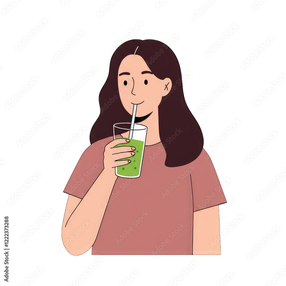 A young woman drinking green juice, cartoon style A young woman drinking green juice, cartoon style