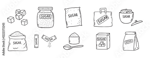sugar doodle hand drawn icon set. Outline drawing sugar packaging, sugar cubes line clipart symbol collection