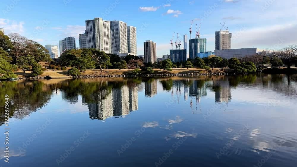 A serene reflection of urban skyscrapers and trees in Hama Rikyu Gardens’ pond A serene reflection of urban skyscrapers and trees in Hama Rikyu Gardens’ pond